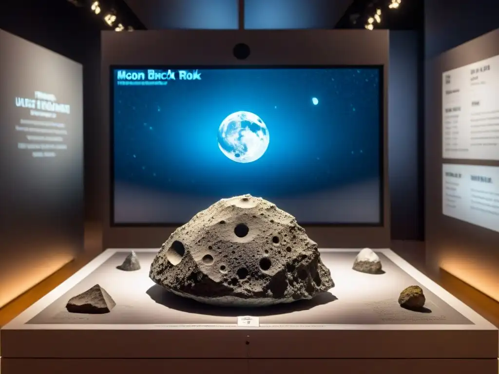 Exhibición detallada de roca lunar iluminada en exposición espacial