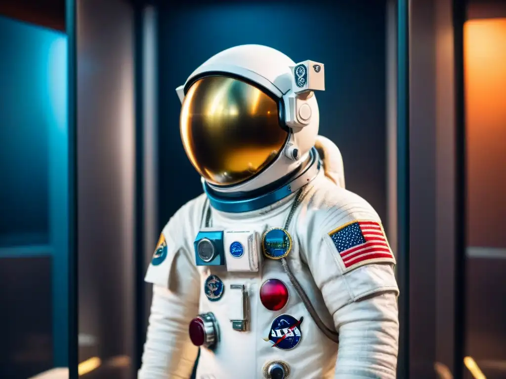 Una detallada colección de trajes de astronauta vintage en un museo con iluminación tenue, resaltando parches, cierres y colores desgastados