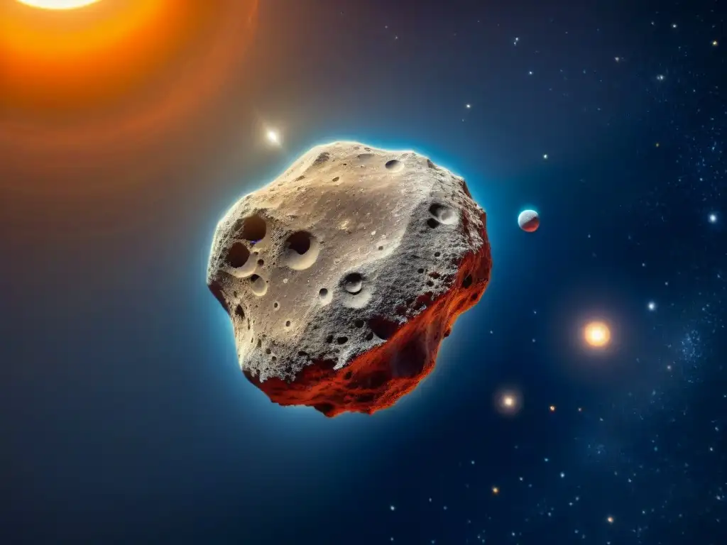 Detallado asteroide en el espacio, rodeado de estrellas brillantes y galaxias lejanas