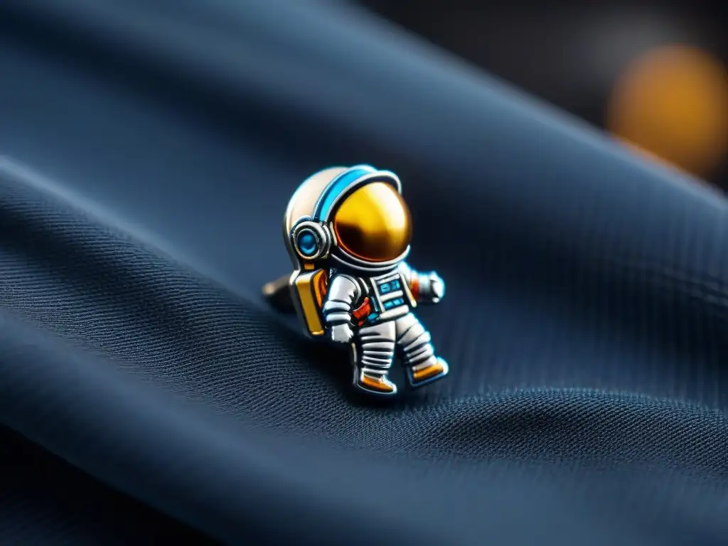 Detallado pin de astronauta metálico en fondo negro, con toque espacial en reflejo de galaxia