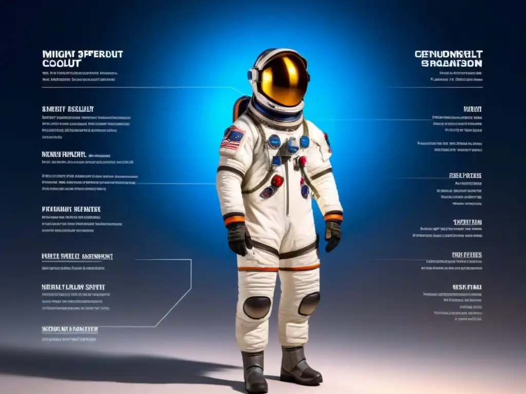 Detallado desglose del traje espacial EMU resaltando componentes como casco, guantes y sistema de soporte vital