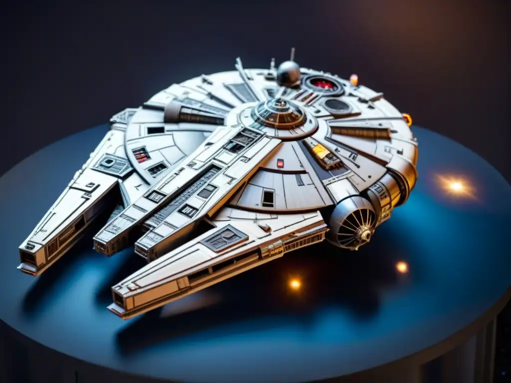 Detallado modelo a escala de la nave espacial icónica Millennium Falcon de Star Wars