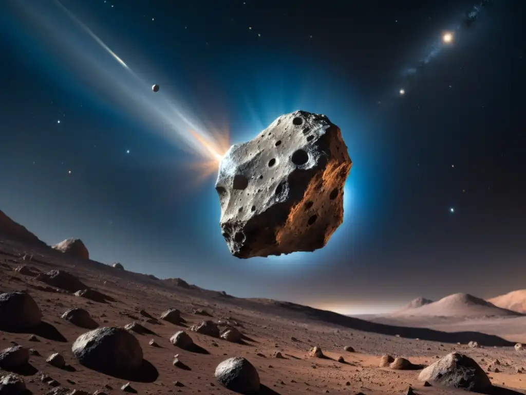 Misión NASA asteroide Psyche: Detalle asombroso del acercamiento de la nave espacial a Psyche, con estructuras metálicas relucientes en la superficie