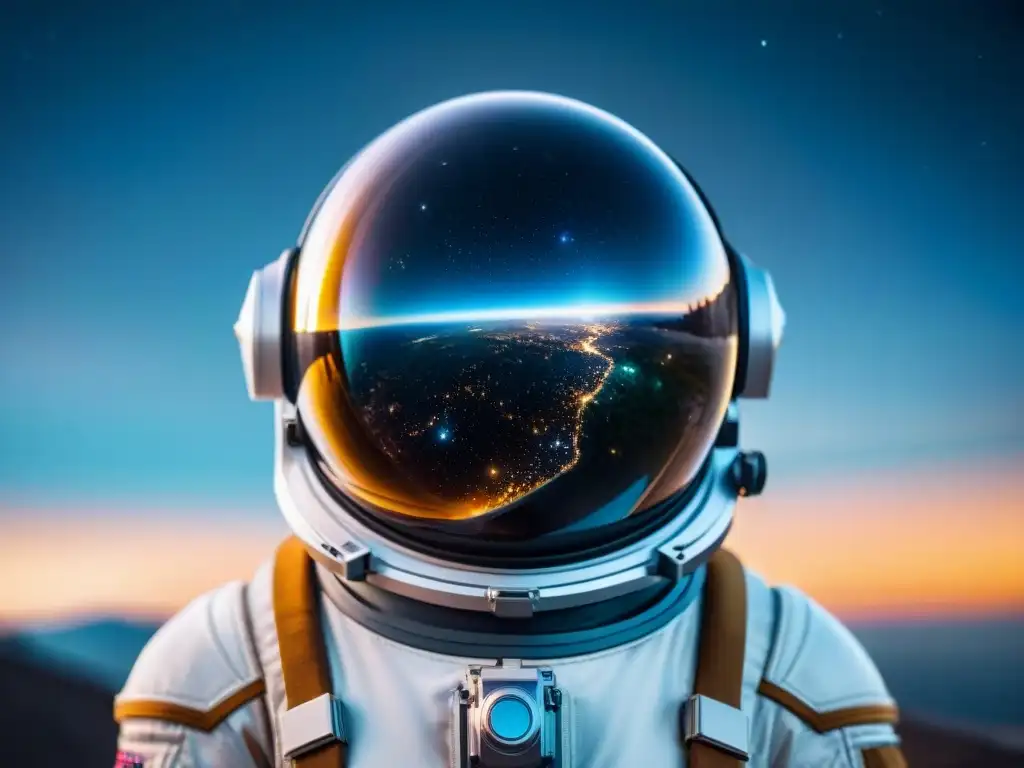 Detalle futurista de casco espacial con vistas a galaxias distantes y comunicación integrada, formación exploradores espaciales cursos online