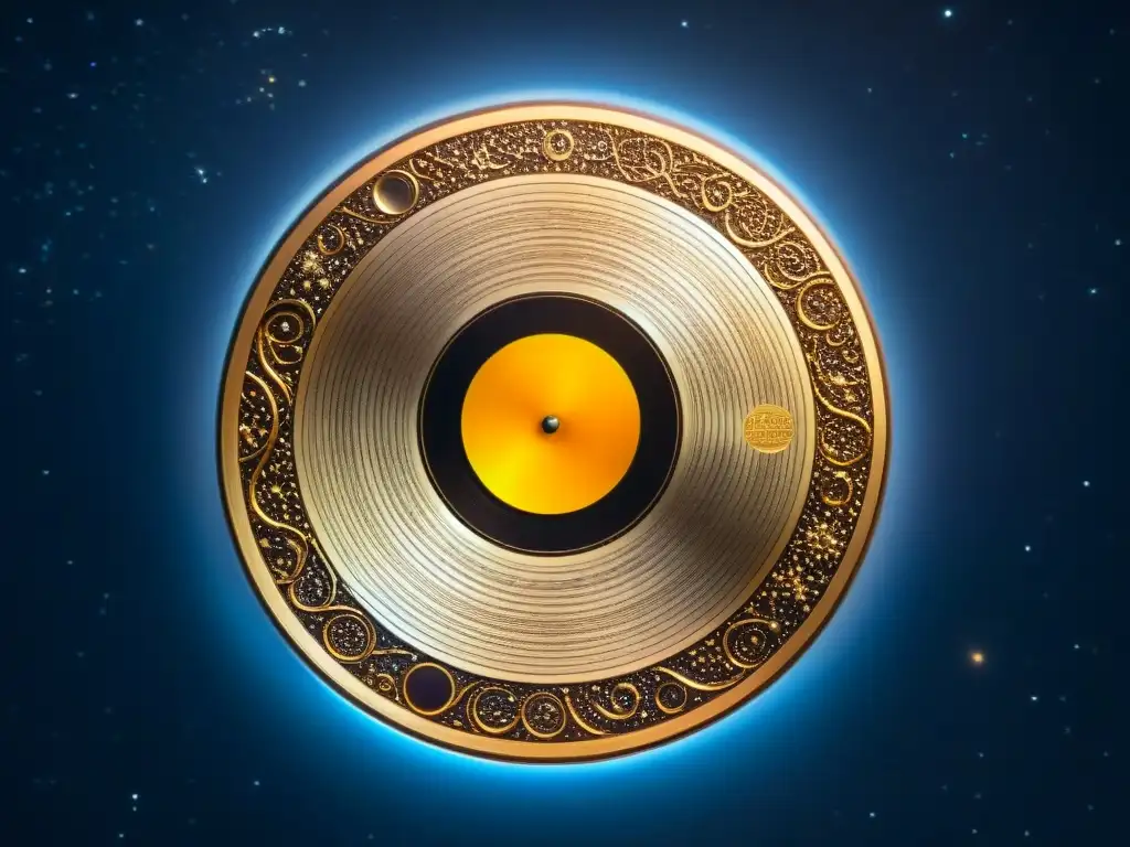 Detalle del legado de Carl Sagan cosmos: icónico Disco Dorado enviado al espacio en 1977, con grabados de la diversa cultura terrestre