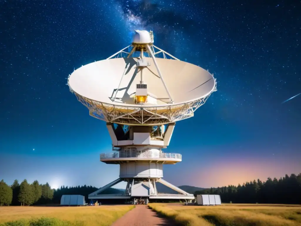 Detalle de un radiotelescopio potente captando señales del espacio, destacando su ingeniería avanzada