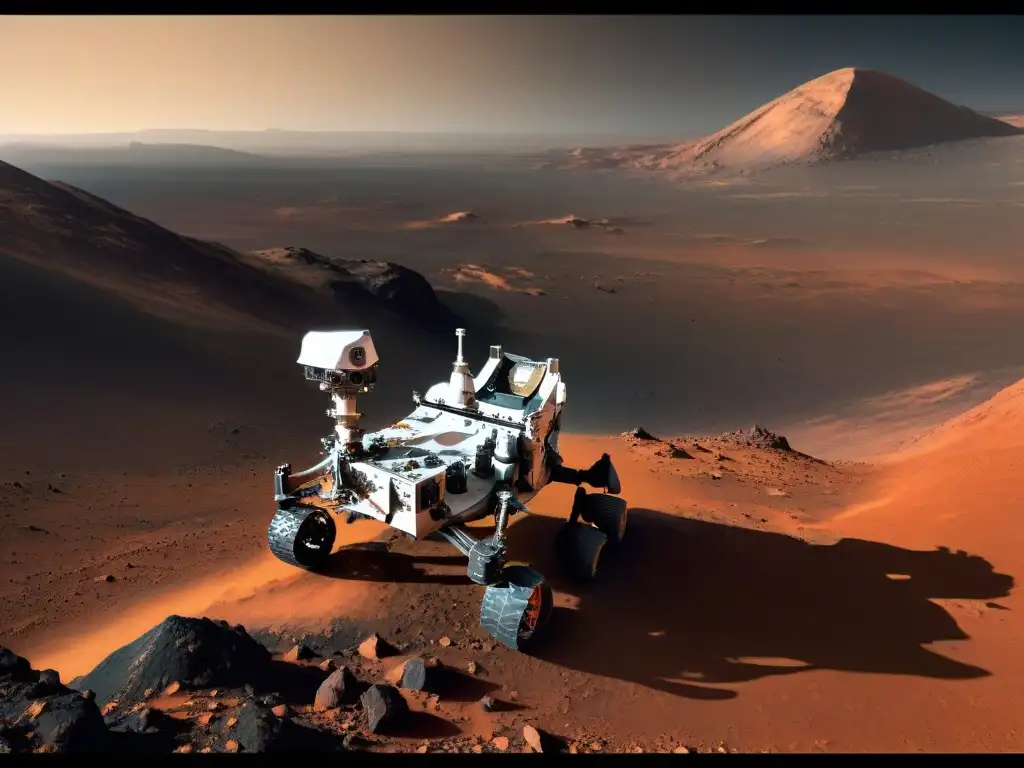 Explorando Marte: Detalles del Rover Curiosity en Acción Exploración en Marte: Detalle del rover Curiosity en terreno rocoso, con su brazo extendido
