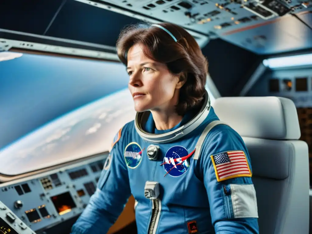 Detalle ultra de Sally Ride flotando en traje de astronauta en el transbordador Challenger, con la Tierra de fondo