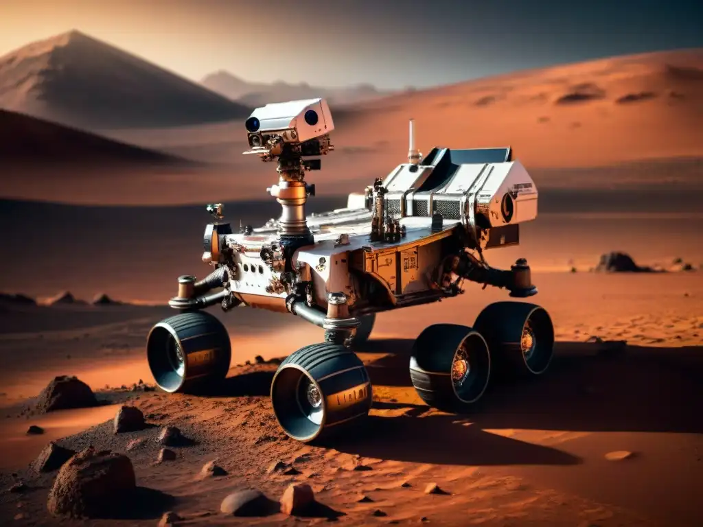 Detalles avanzados del rover Perseverance en Marte, mostrando su brazo robótico en acción y la tecnología exploración Marte innovación