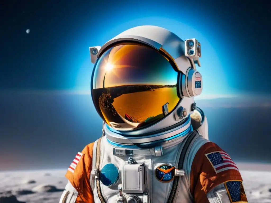 Detalles impresionantes del casco de traje espacial de astronauta, reflejando el paisaje cósmico y simbolizando avances trajes espaciales exploración