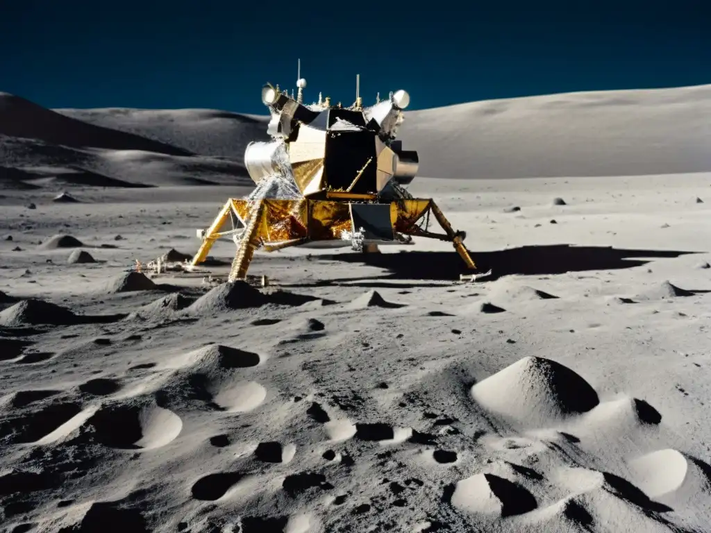 Hito histórico: Módulo lunar Eagle en la Luna con la Tierra de fondo Detalles impresionantes de la Misión Apollo 11 exploración lunar: módulo Eagle en la luna con la Tierra de fondo