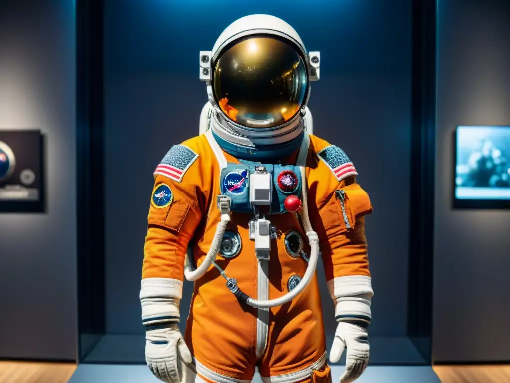 Detalles impresionantes del primer traje espacial usado por un astronauta en exhibición, resaltando la evolución de trajes espaciales de astronautas