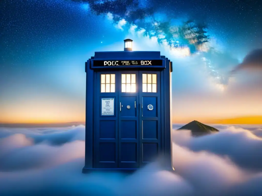 Detalles intrincados de la TARDIS de Doctor Who, rodeada de galaxias y estrellas para transmitir exploración y asombro