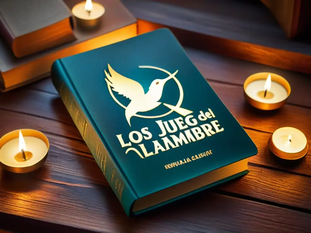 Detalles misteriosos del libro Los Juegos del Hambre en una mesa de madera iluminada por velas