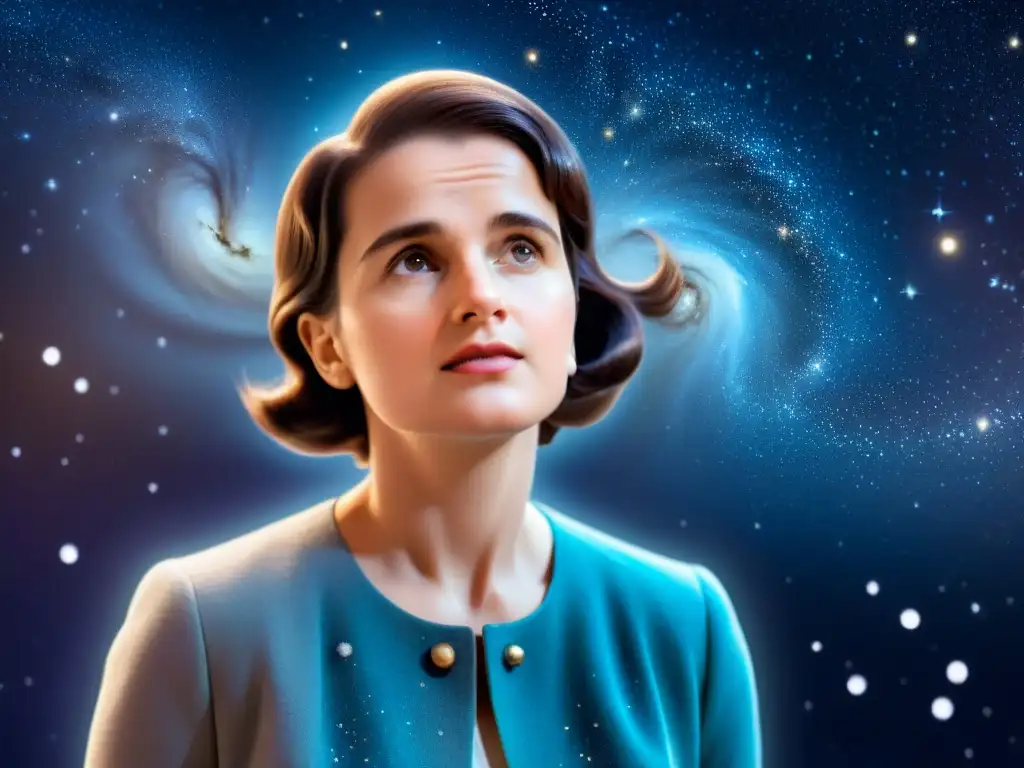 Ilustración digital de Rosalind Franklin con conexión cósmica entre galaxias y constelaciones, simbolizando su legado en genética