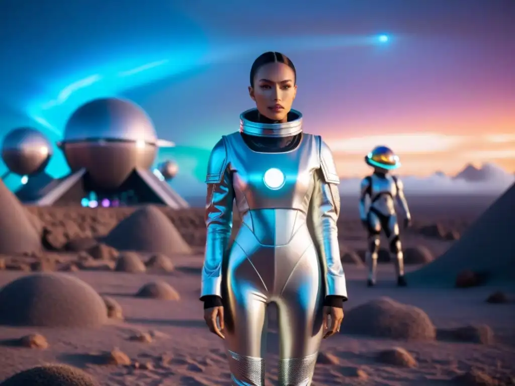 Diseñador de moda futurista en traje plateado frente a nave espacial y pasarela holográfica en paisaje alienígena Diseñador de moda futurista en traje plateado frente a nave espacial, desfile holográfico en paisaje alienígena