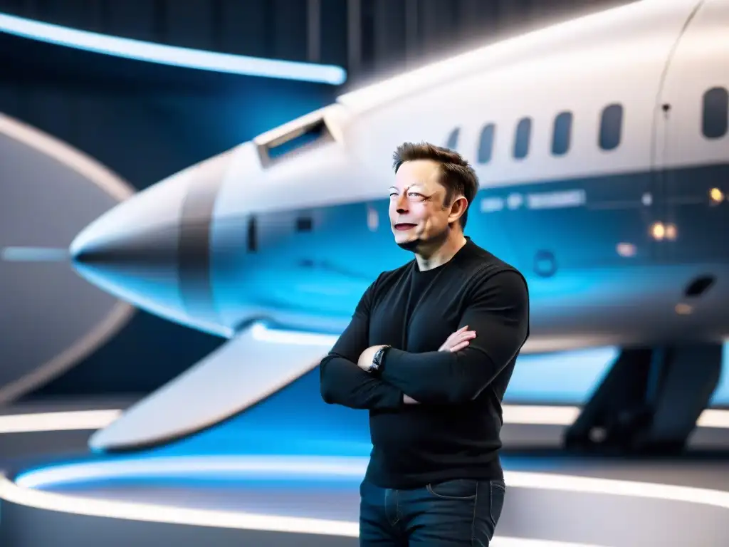 Diseño de naves espaciales: Elon Musk lidera equipo en moderna instalación, rodeado de planos detallados y tecnología futurista