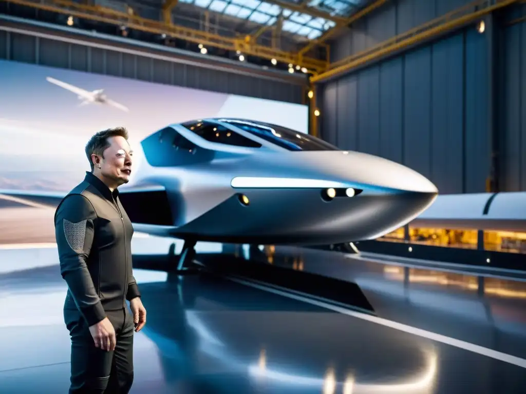 Diseño naves espaciales Elon Musk: Elon Musk orgulloso frente a nave futurista en hangar de alta tecnología