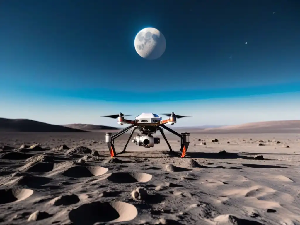 Dron futurista explorando la Luna, capturando imágenes de alta resolución