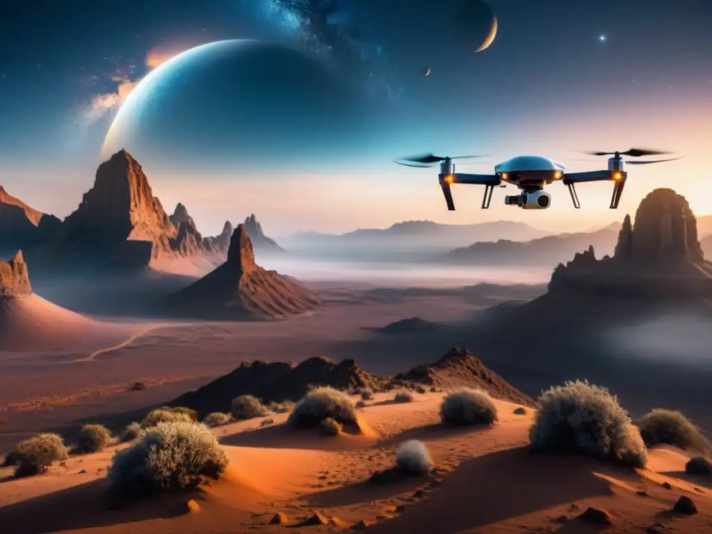 Un drone futurista sobrevuela un paisaje alienígena mientras explora planetas