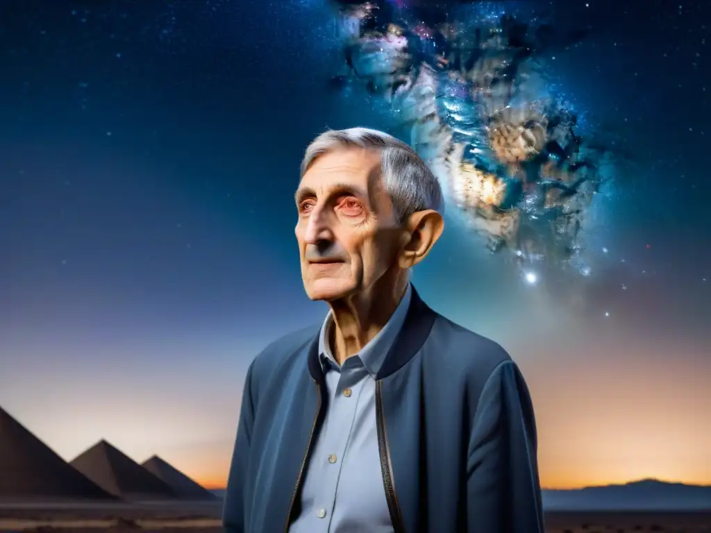 Freeman Dyson, el físico, frente a un telescopio, admirando el universo con pasión y determinación