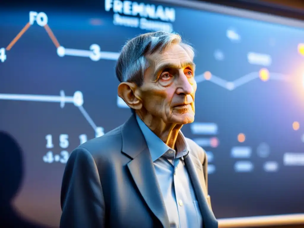 Freeman Dyson inmerso en el estudio del espacio, rodeado de libros y ecuaciones, reflejando su pasión por la vida extraterrestre