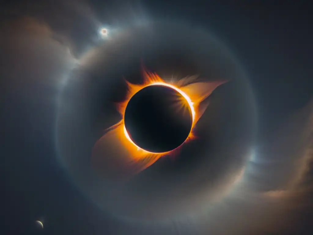 Un eclipse solar total, con la corona del sol brillando alrededor de la luna, en una imagen celestial