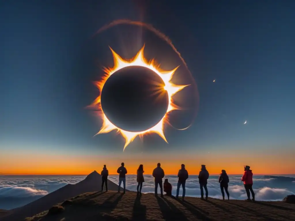 Un eclipse solar total con la luna alineada ante el sol, creando un halo impresionante