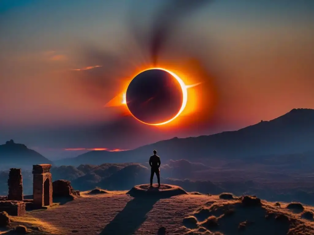 Eclipse total solar con corona brillante en el cielo oscuro sobre ruinas antiguas, evocando conexión entre eclipses y creencias humanas