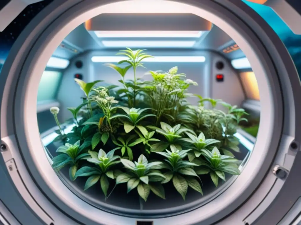 Un ecosistema cerrado para vida espacial: interior futurista de una estación con plantas verdes, ciclos de agua y animales en gravedad artificial