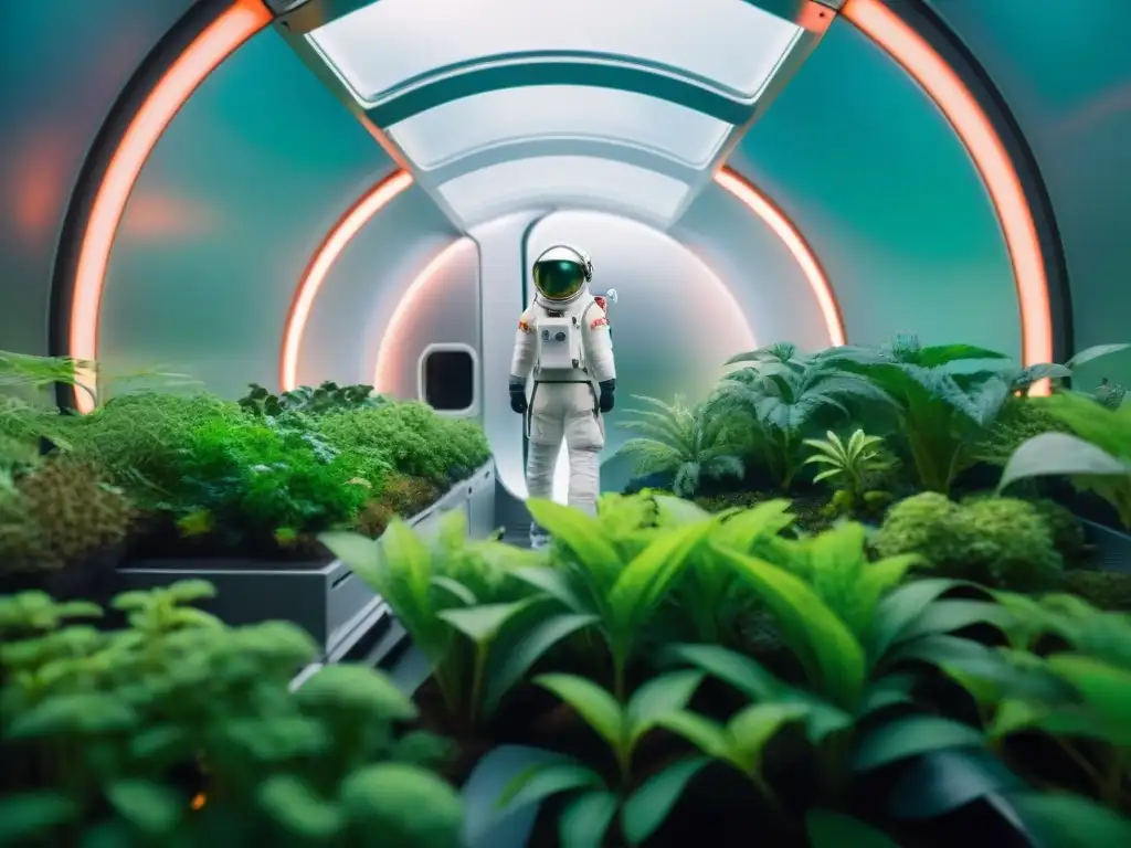 Un ecosistema cerrado para vida espacial con plantas exuberantes, animales pequeños y ciclo del agua en miniatura, astronautas de fondo