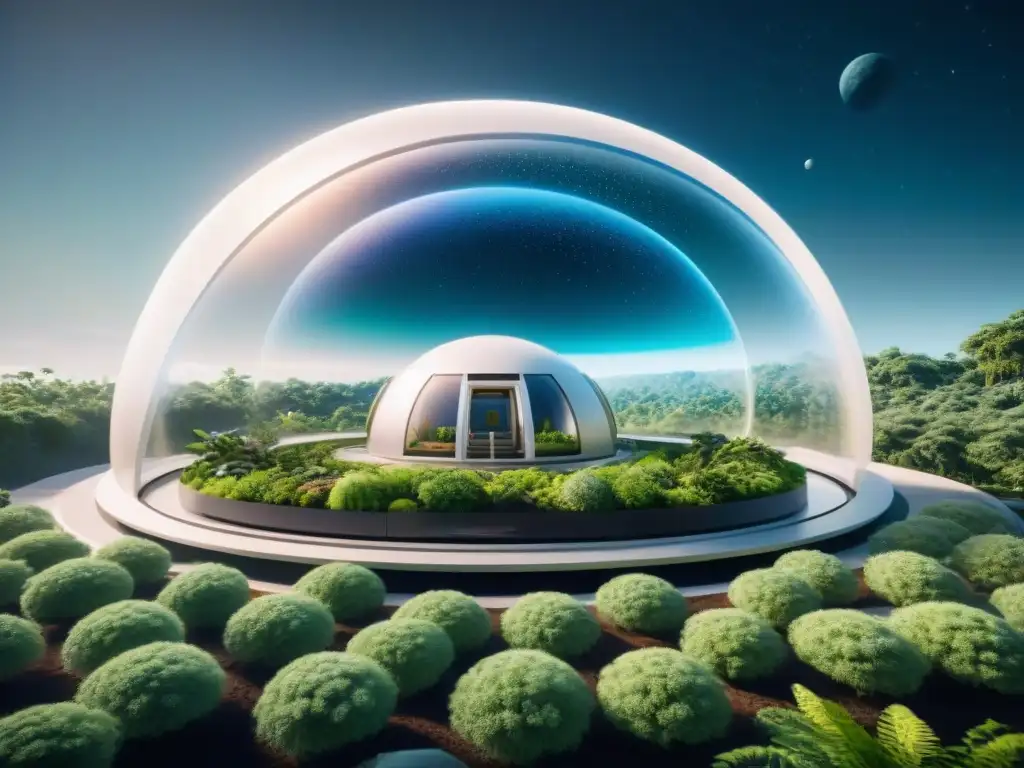 Un ecosistema completo en el espacio: una estación futurista con bosques, ríos y vida salvaje, bajo una cúpula transparente