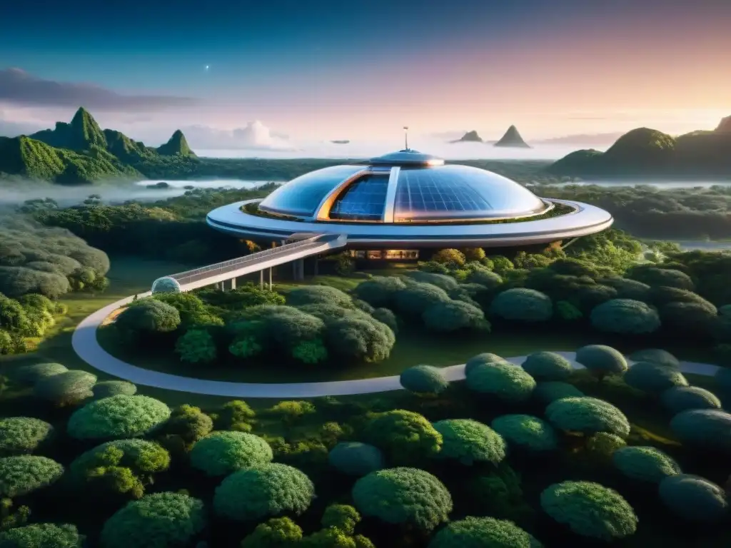 Ecosistema completo en el espacio: estación futurista con biodomos interconectados, vegetación exuberante y fauna diversa