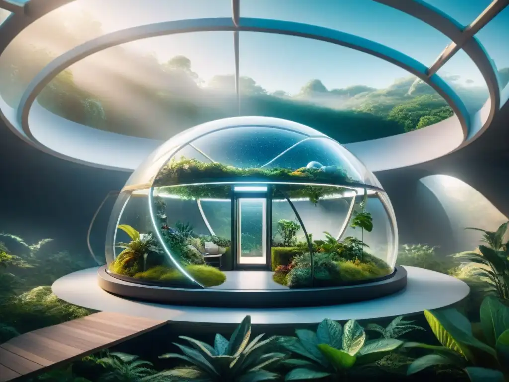 Ecosistema completo en un hábitat espacial futurista con tecnología avanzada integrada