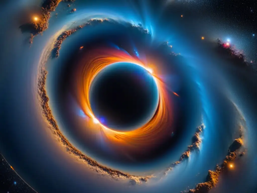 Efecto lente gravitacional de agujeros negros: Galaxia distante distorsionada y magnificada por fuerzas gravitacionales intensas