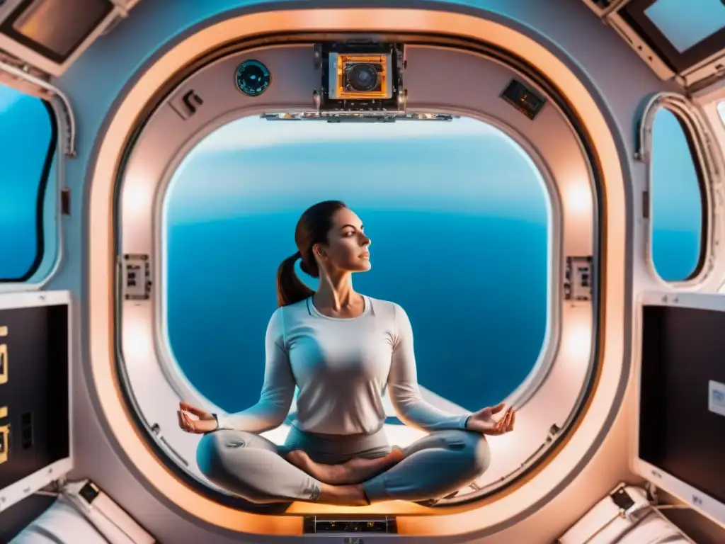 Ejercicios de yoga en el espacio: Astronauta en pose de equilibrio, flotando con Earth de fondo