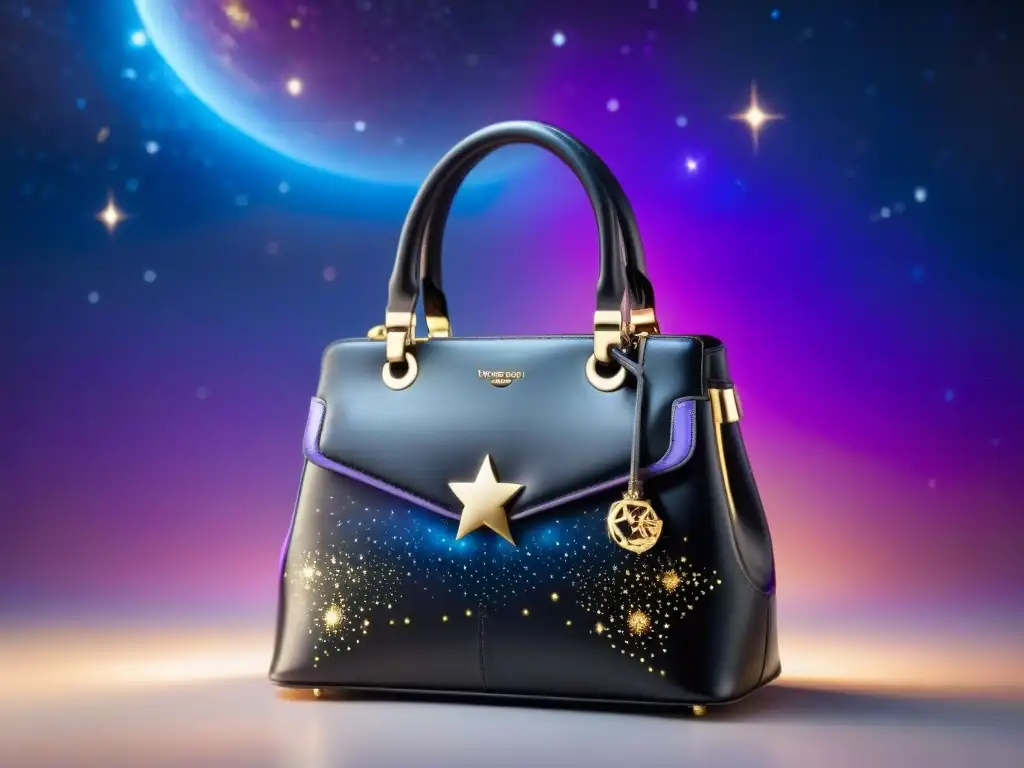 Elegante bolso negro con mapas estelares dorados sobre un fondo cósmico de galaxia vibrante en tonos púrpura, azul y rosa