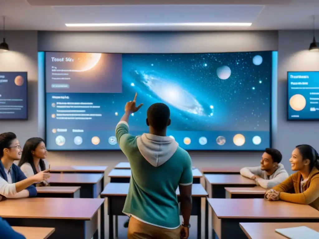Estudiantes cautivados exploran el cosmos en aula moderna Un emocionante aprendizaje espacial con software astronómico en un aula moderna y diversa