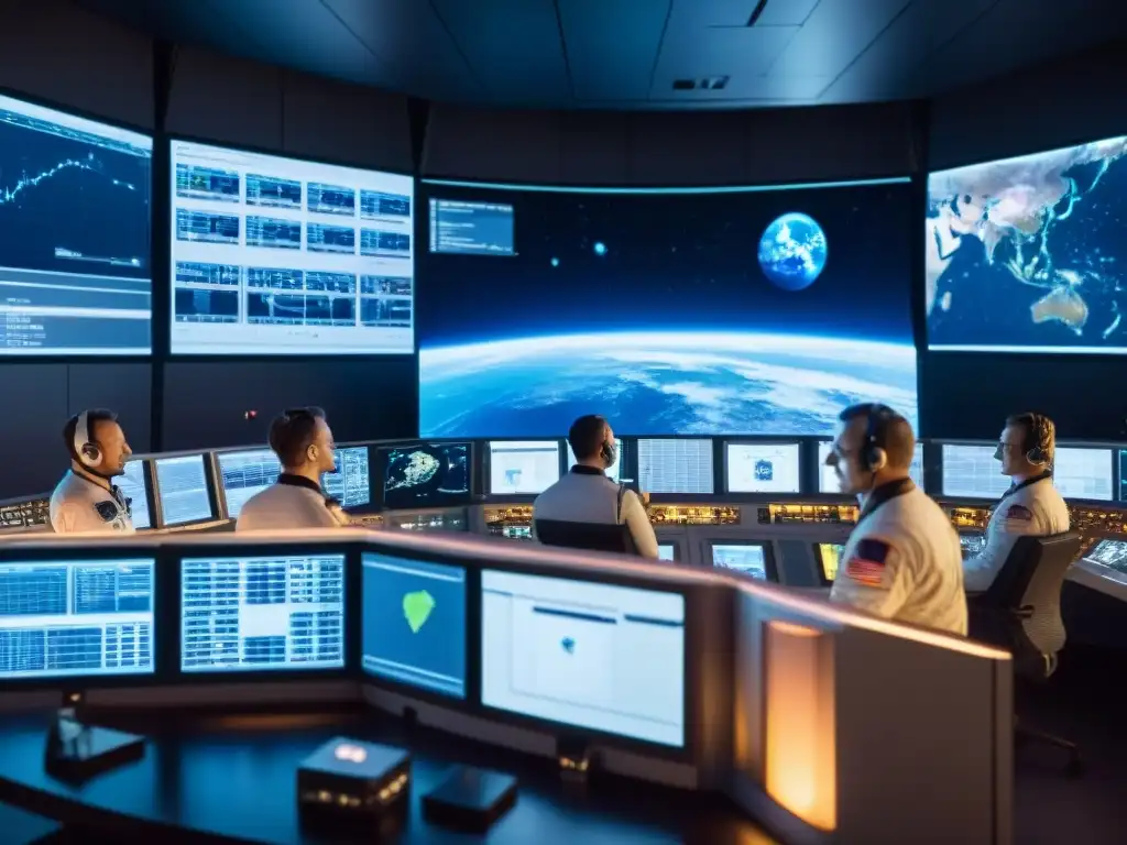 Un emocionante control en una agencia espacial, con científicos y astronautas coordinando misiones satelitales de exploración