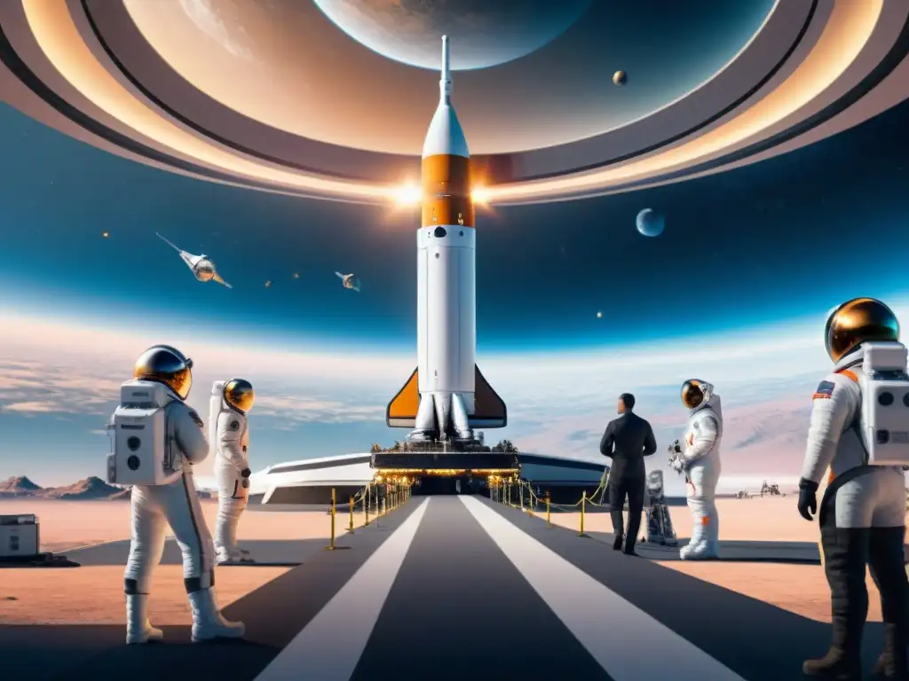 Emocionante escena de desarrollo de trajes espaciales en carrera comercial, astronautas y científicos trabajando juntos en puerto espacial futurista