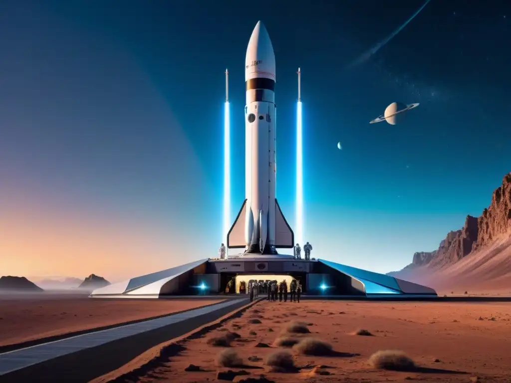 Emocionante espacioport futuro con turistas y naves brillantes Emocionante escena en un puerto espacial futurista con turistas y técnicos preparando una nave espacial reluciente bajo un cielo estrellado