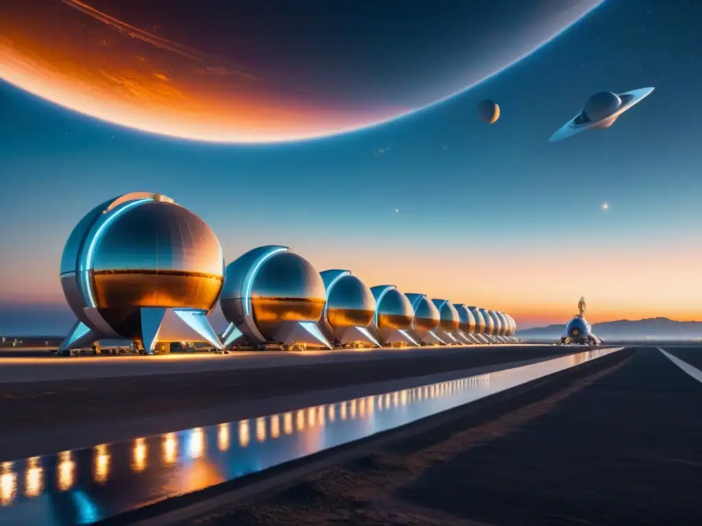 Portada espacial al anochecer: naves futuristas listas para partir Un emocionante espacioportuario al atardecer, con naves futuristas listas para partir y astronautas preparándose, ideal para paquetes de viaje espacial