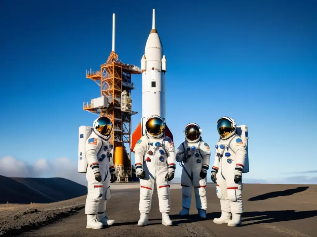 Emocionante lanzamiento espacial de astronautas frente a un imponente cohete, listos para despegar