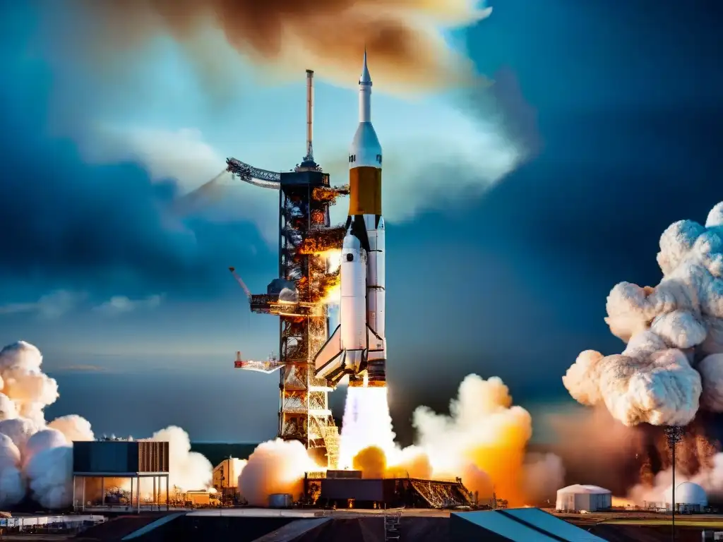 La nave Apollo 11 en el lanzamiento: detalle impresionante Emocionante misión Apollo 11 exploración lunar: detallada imagen del cohete en la plataforma de lanzamiento con la Tierra al fondo