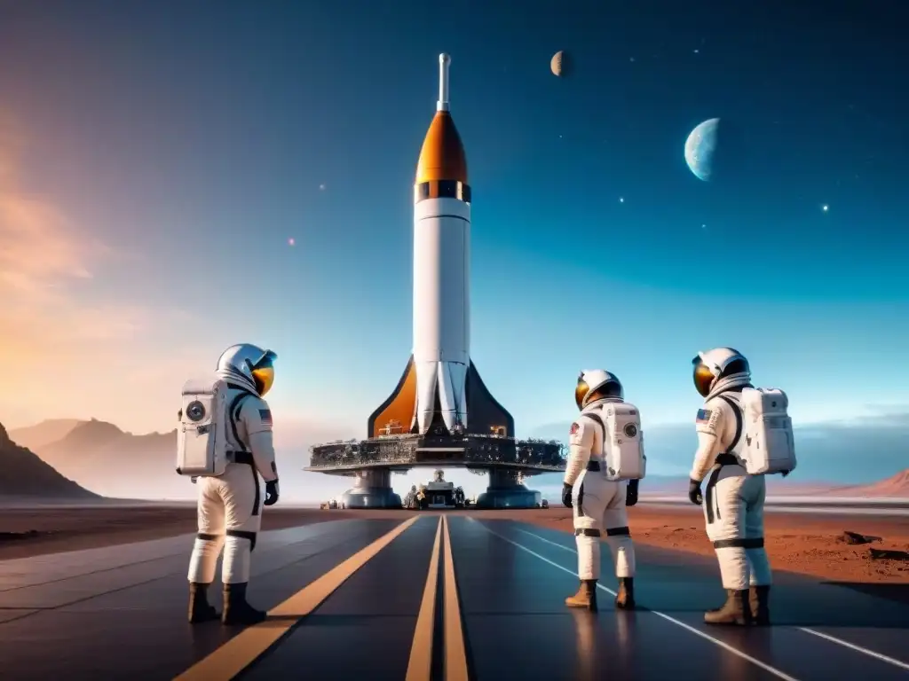 Un emocionante puerto espacial futurista, con naves y astronautas listos para el lanzamiento