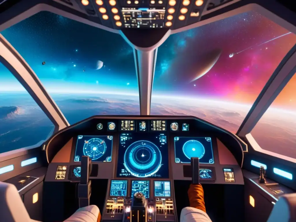Simulador espacial: navega entre nebulosas en un cockpit futurista Emocionante simulador espacial con nave detallada y galaxia vibrante