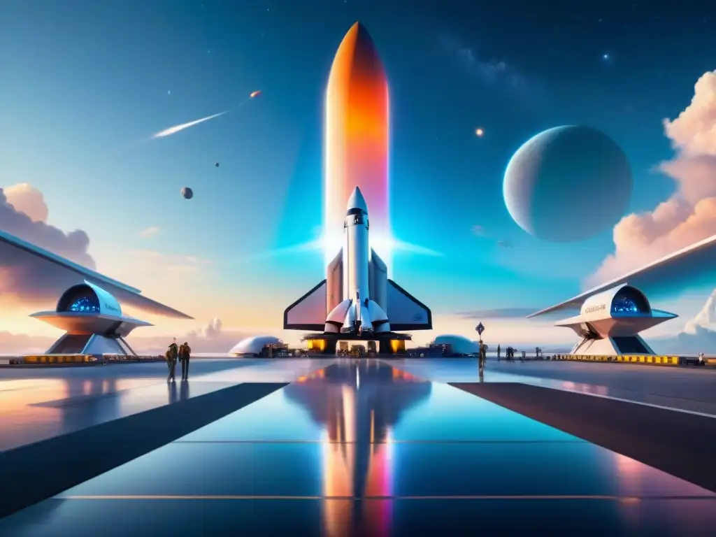 Una emocionante vista de un puerto espacial futurista, lleno de actividad y tecnología avanzada