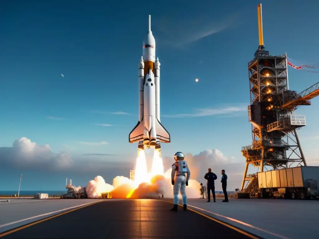 Emocionantes preparativos viaje espacial último minuto: astronauta ante cohete futurista, técnicos y estrellas brillantes