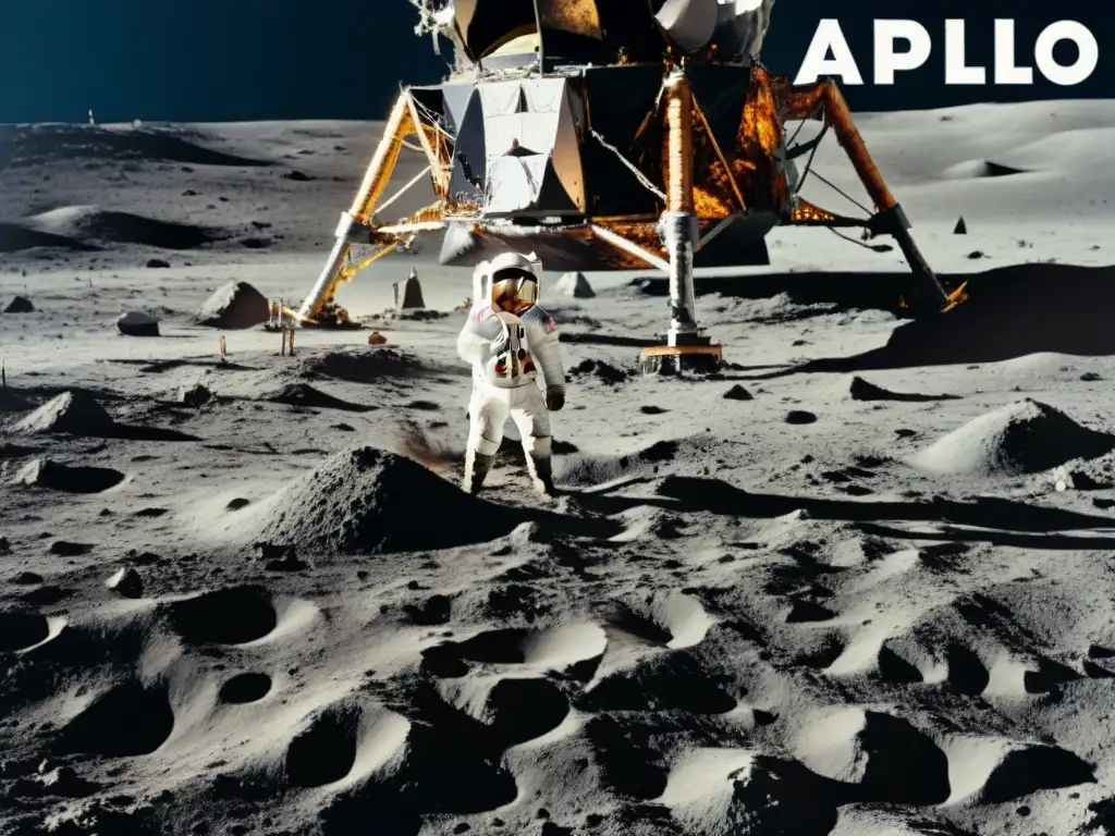 Módulo Eagle de Apollo 11 aterrizando en la luna con Armstrong y Aldrin Emotivo aterrizaje de la Misión Apollo 11 exploración lunar en la Luna, con Armstrong y Aldrin dando sus primeros pasos históricos