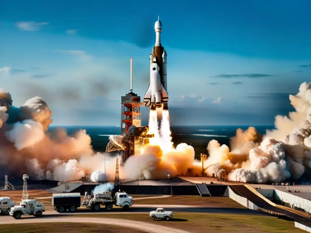 Épico lanzamiento del Apollo 11: historia en llamas Emotivo despegue de la nave Apollo 11 exploración lunar, rodeada de espectadores y estructuras, elevándose con furia hacia el cielo azul